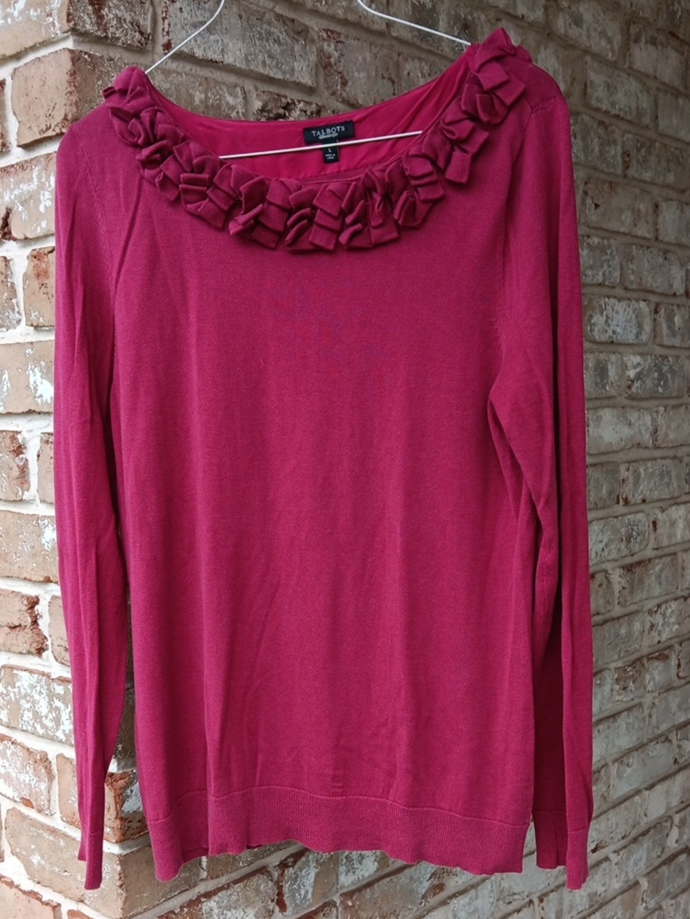 Talbots Deep Raspberry Ruffle-Neck Long Sleeve Tee